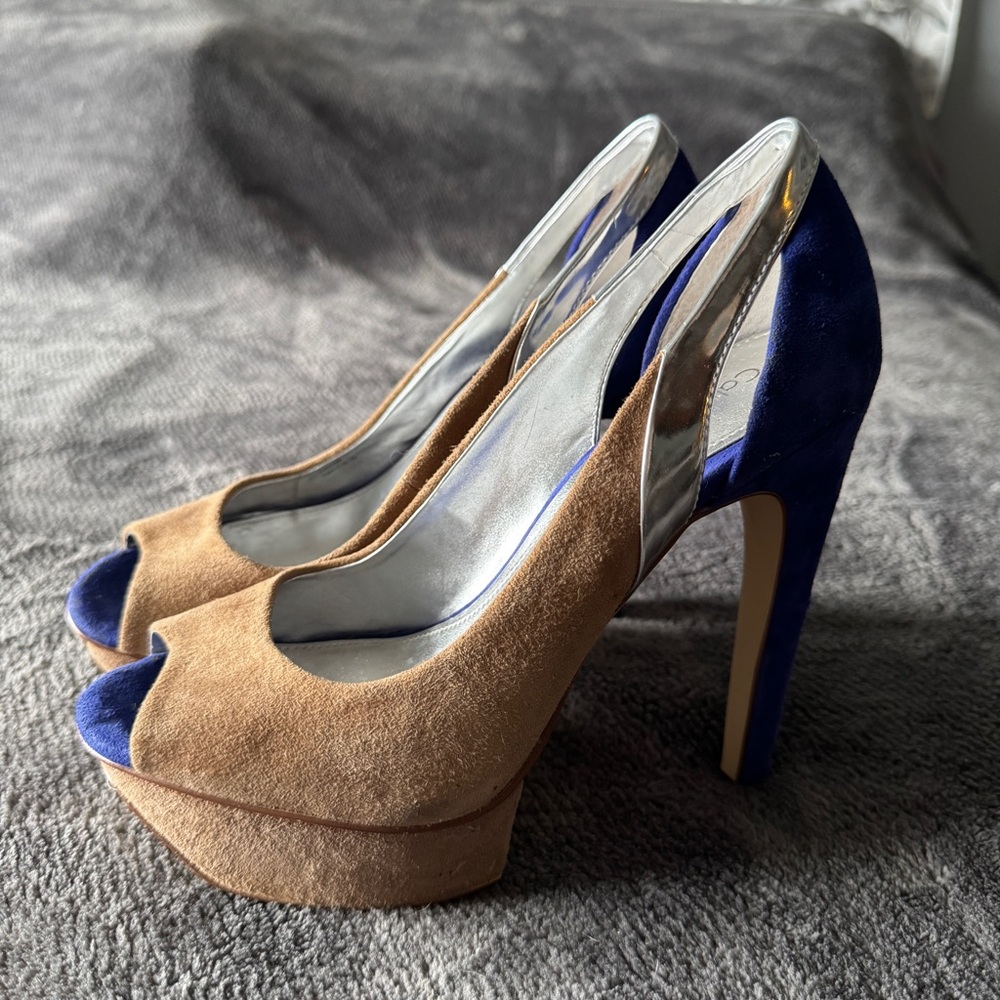 Calvin Klein Blue and Tan Suede Platform Heels